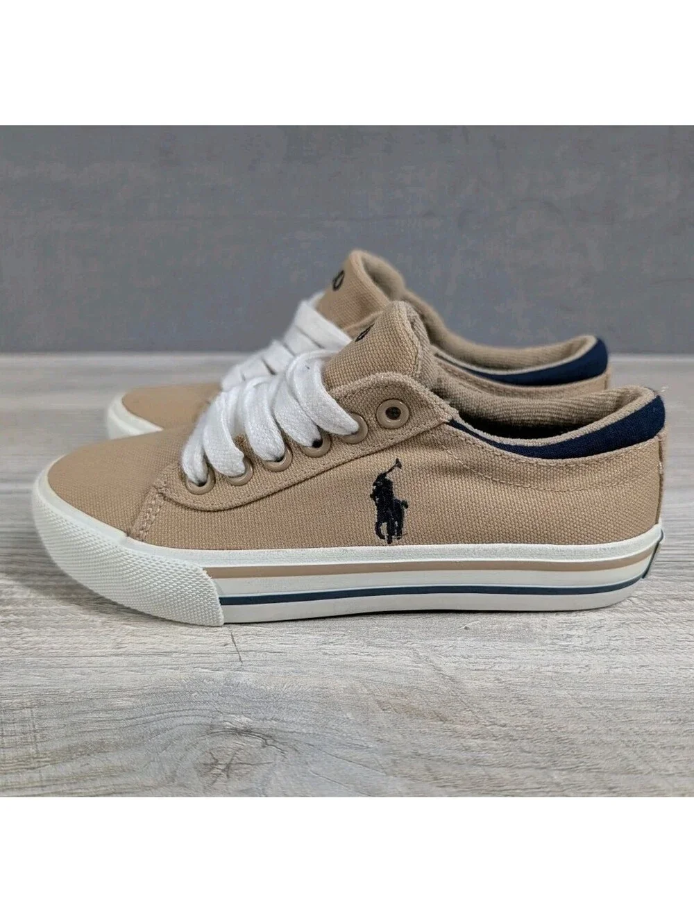 Polo Ralph Lauren Toddler 12 Tan Canvas Lace Up Sneakers Casual Shoes Kids Beige